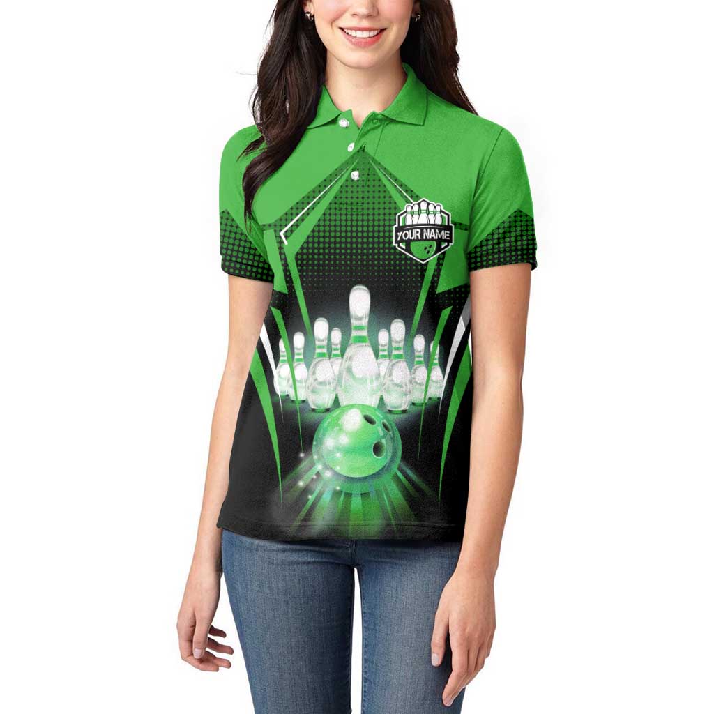 Bowling Team Design Women Polo Shirt Green Strike Graphic and Custom Name Shield Accent - Wonder Print Shop