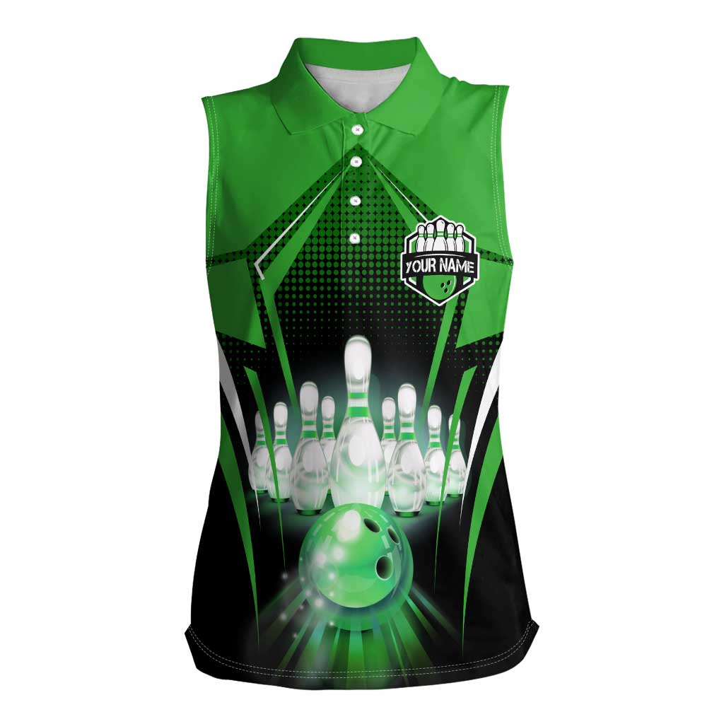 Bowling Team Design Women Sleeveless Polo Shirt Green Strike Graphic and Custom Name Shield Accent - Wonder Print Shop