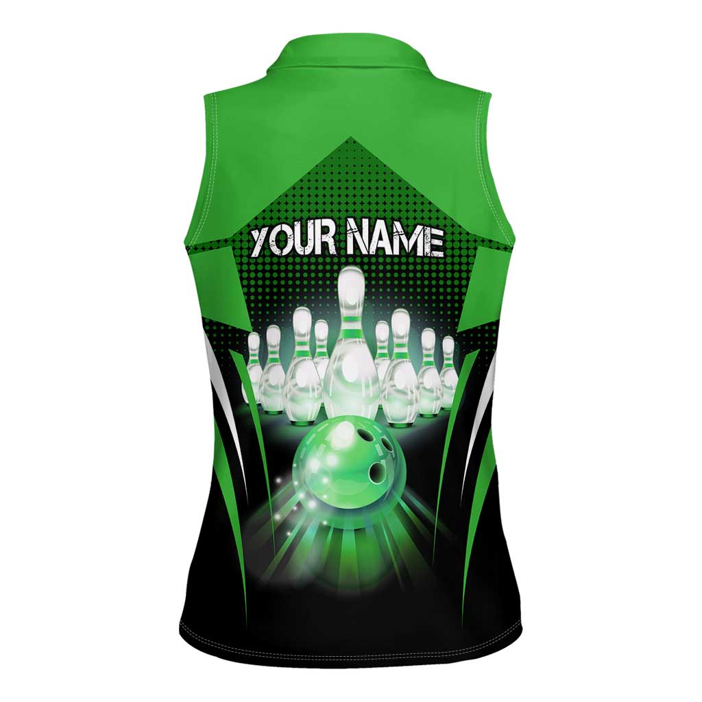 Bowling Team Design Women Sleeveless Polo Shirt Green Strike Graphic and Custom Name Shield Accent - Wonder Print Shop