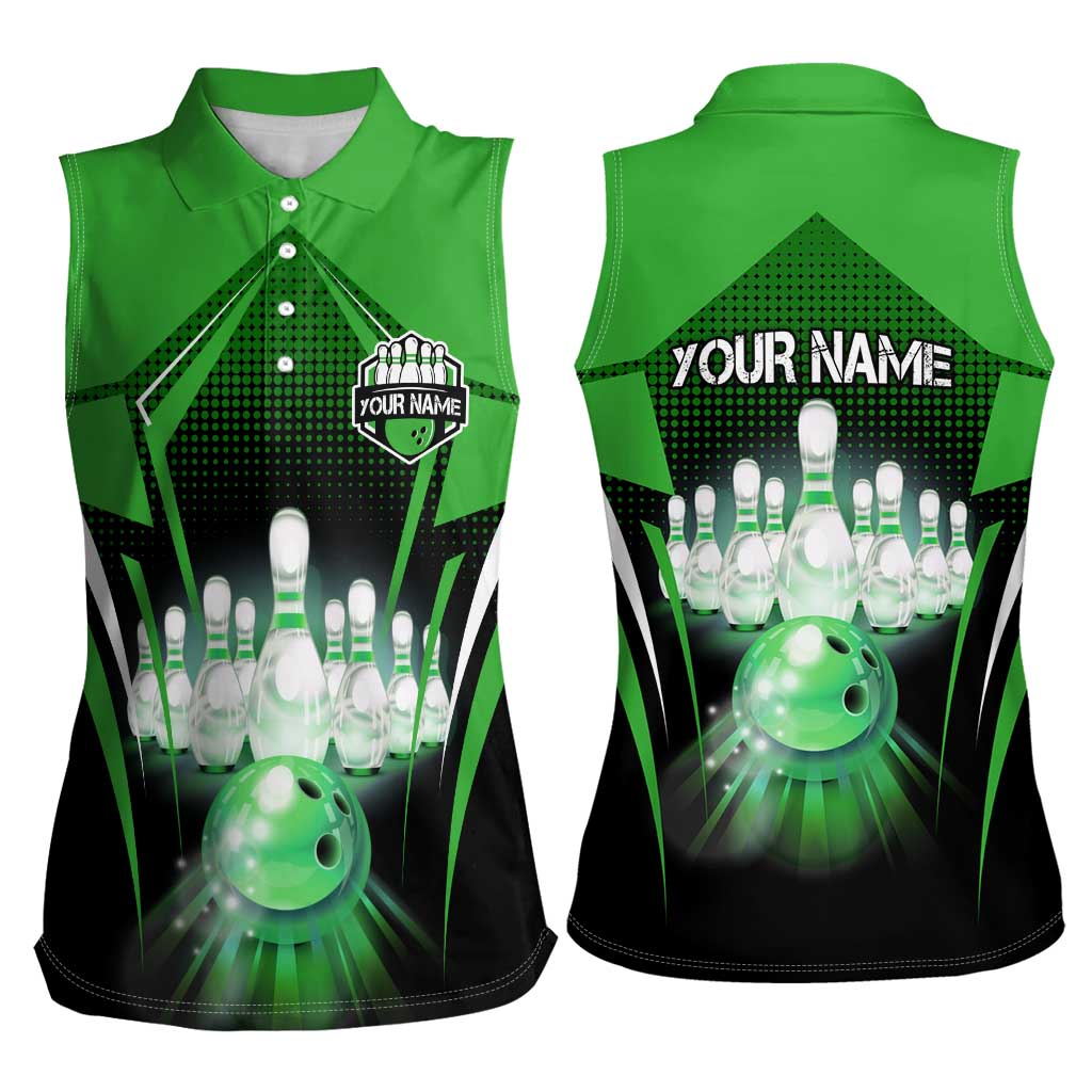 Bowling Team Design Women Sleeveless Polo Shirt Green Strike Graphic and Custom Name Shield Accent - Wonder Print Shop