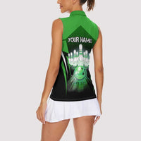 Bowling Team Design Women Sleeveless Polo Shirt Green Strike Graphic and Custom Name Shield Accent - Wonder Print Shop