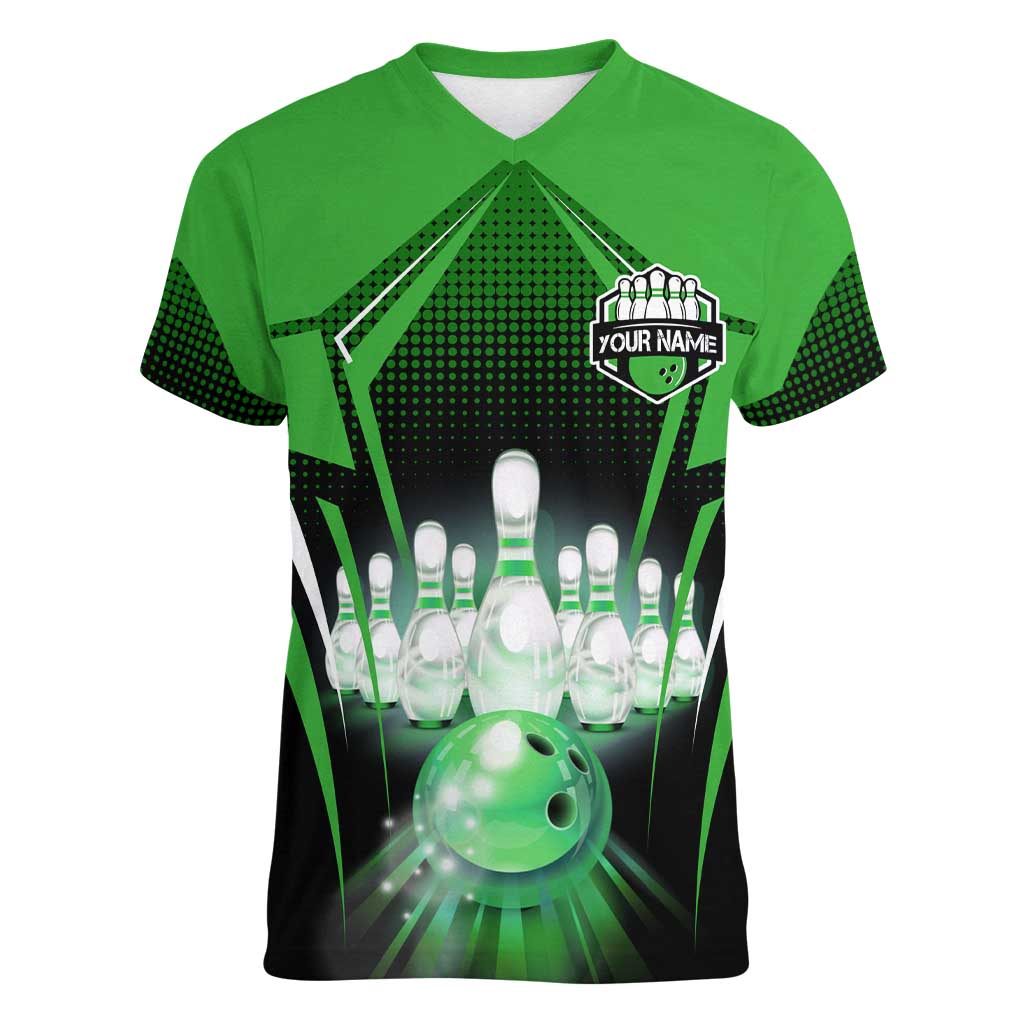 Bowling Team Design Women V-Neck T-Shirt Green Strike Graphic and Custom Name Shield Accent - Wonder Print Shop