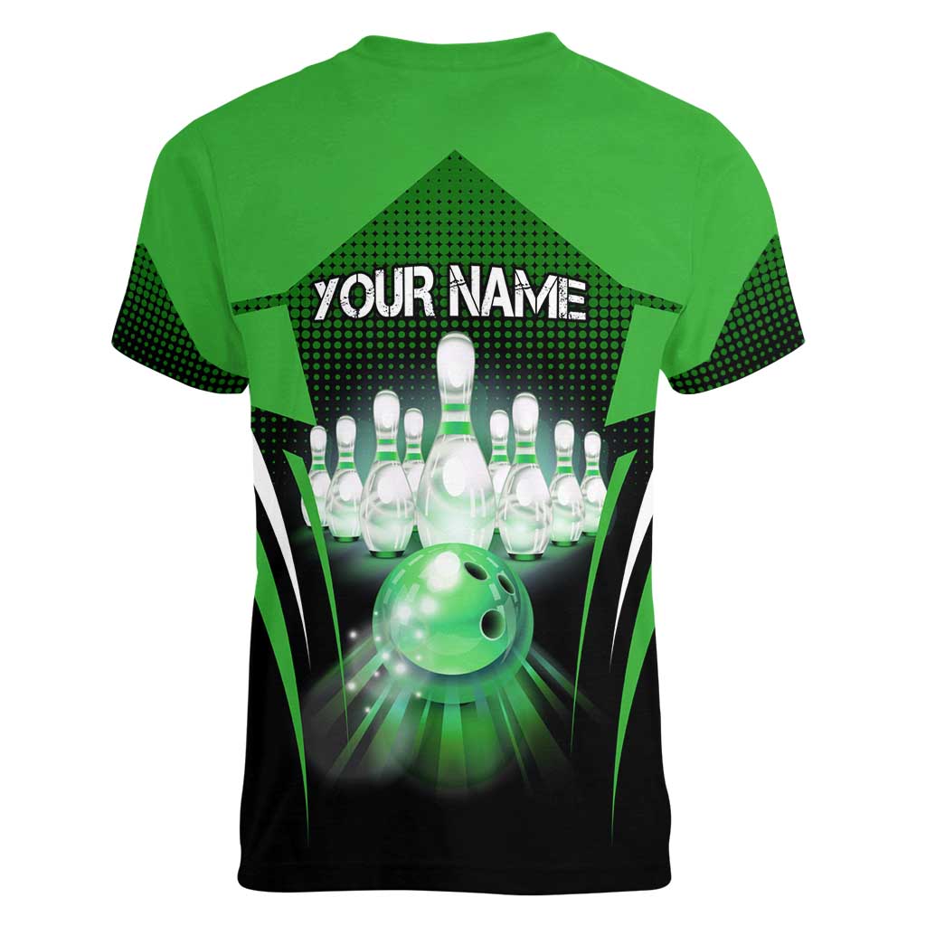 Bowling Team Design Women V-Neck T-Shirt Green Strike Graphic and Custom Name Shield Accent - Wonder Print Shop