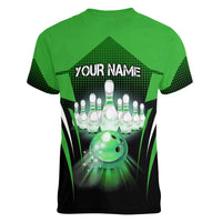 Bowling Team Design Women V-Neck T-Shirt Green Strike Graphic and Custom Name Shield Accent - Wonder Print Shop