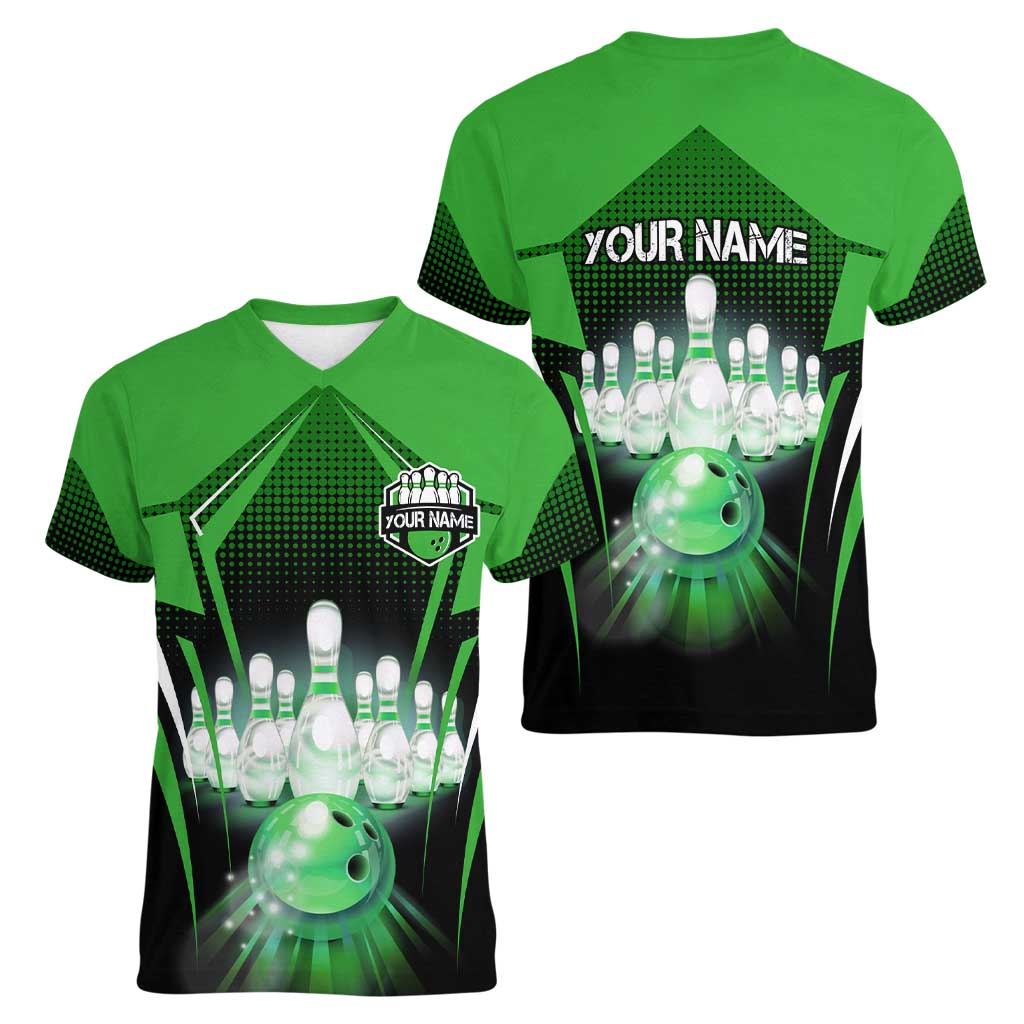 Bowling Team Design Women V-Neck T-Shirt Green Strike Graphic and Custom Name Shield Accent - Wonder Print Shop