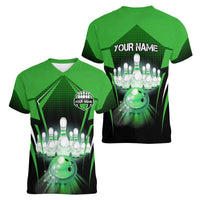 Bowling Team Design Women V-Neck T-Shirt Green Strike Graphic and Custom Name Shield Accent - Wonder Print Shop