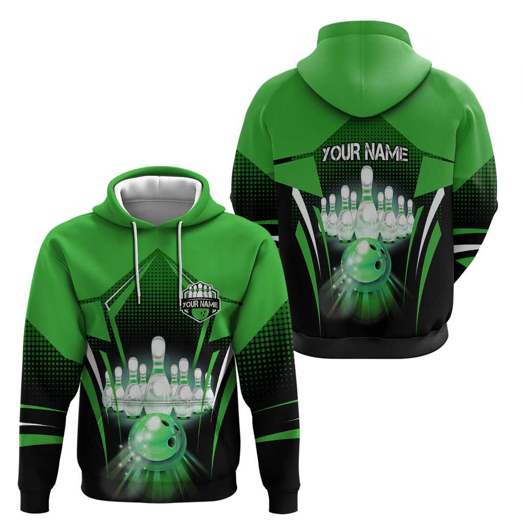 Bowling Team Design Zip Hoodie Green Strike Graphic and Custom Name Shield Accent - Wonder Print Shop