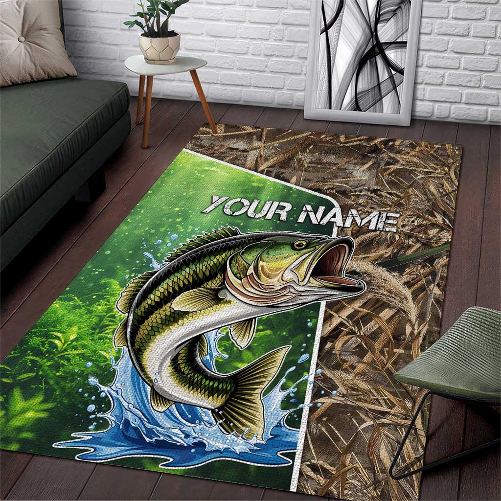 Personalized Bass Fishing Design Area Rug Leaping Fish Graphic and Camouflage Green Water Splash Print - Wonder Print Shop