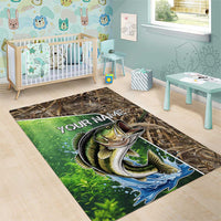 Personalized Bass Fishing Design Area Rug Leaping Fish Graphic and Camouflage Green Water Splash Print - Wonder Print Shop