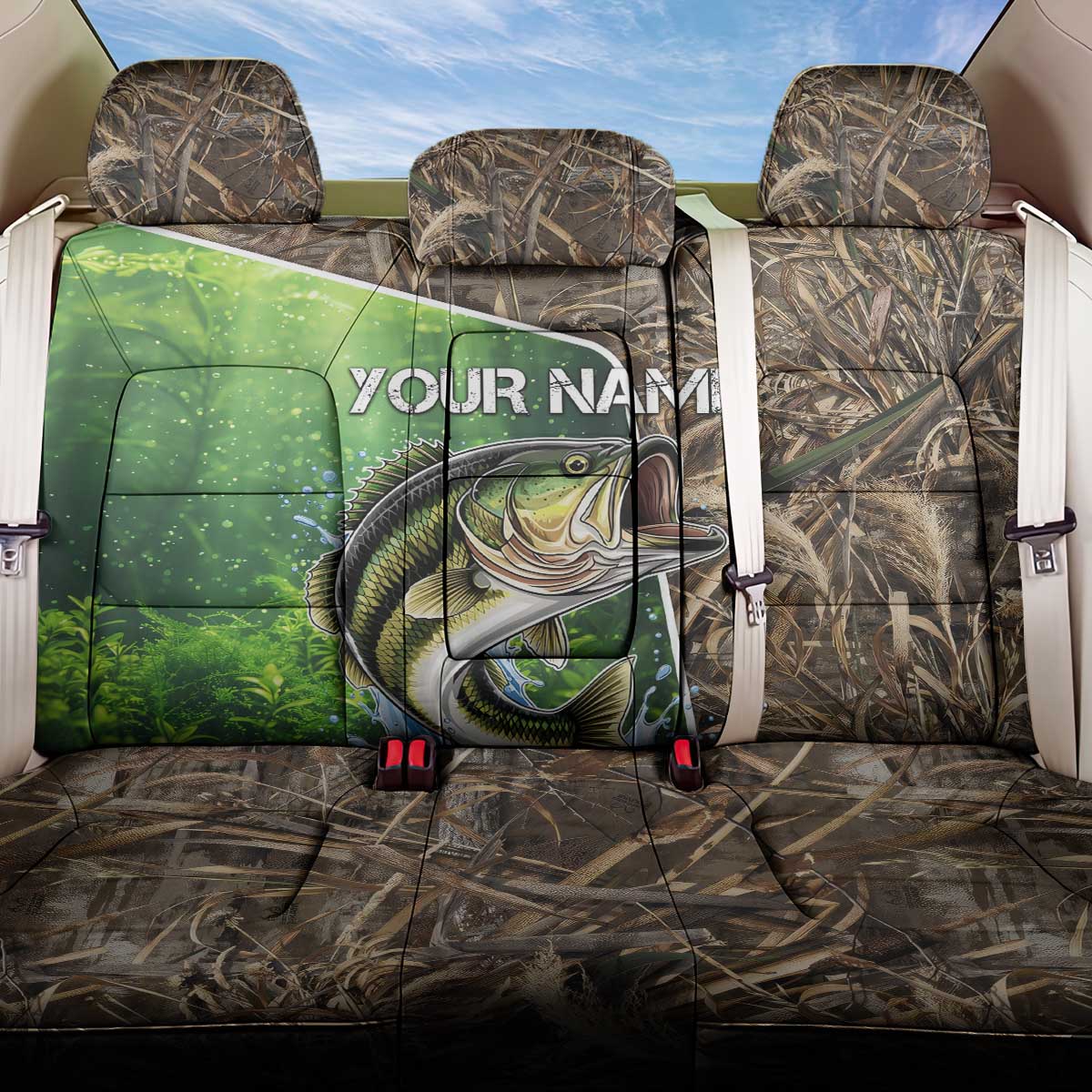 Personalized Bass Fishing Design Back Car Seat Cover Leaping Fish Graphic and Camouflage Green Water Splash Print - Wonder Print Shop