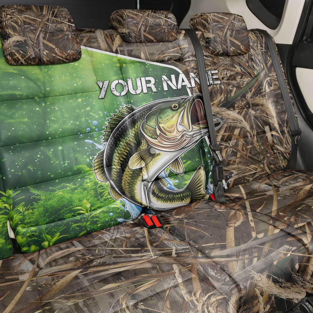 Personalized Bass Fishing Design Back Car Seat Cover Leaping Fish Graphic and Camouflage Green Water Splash Print - Wonder Print Shop