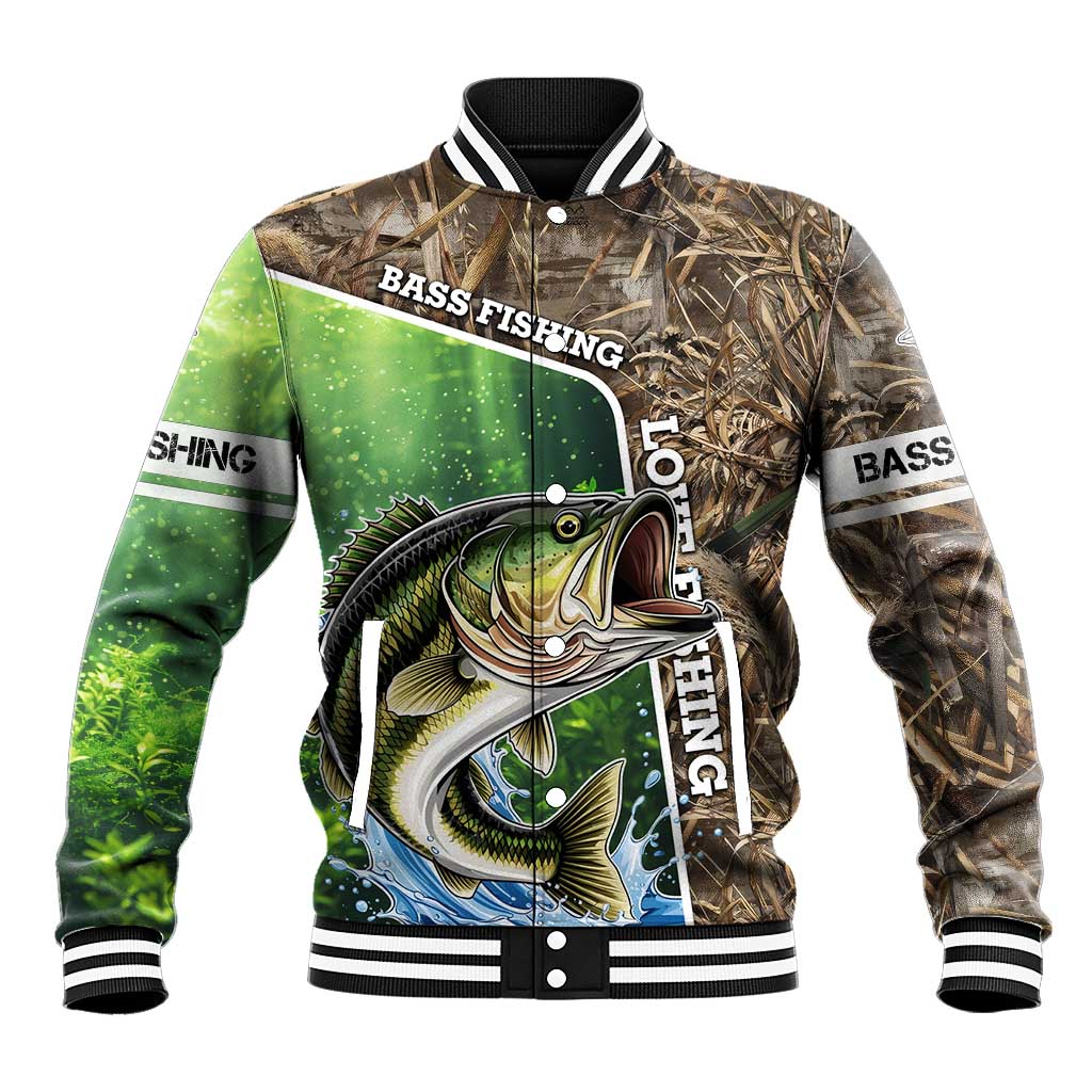 Personalized Bass Fishing Design Baseball Jacket Leaping Fish Graphic and Camouflage Green Water Splash Print - Wonder Print Shop