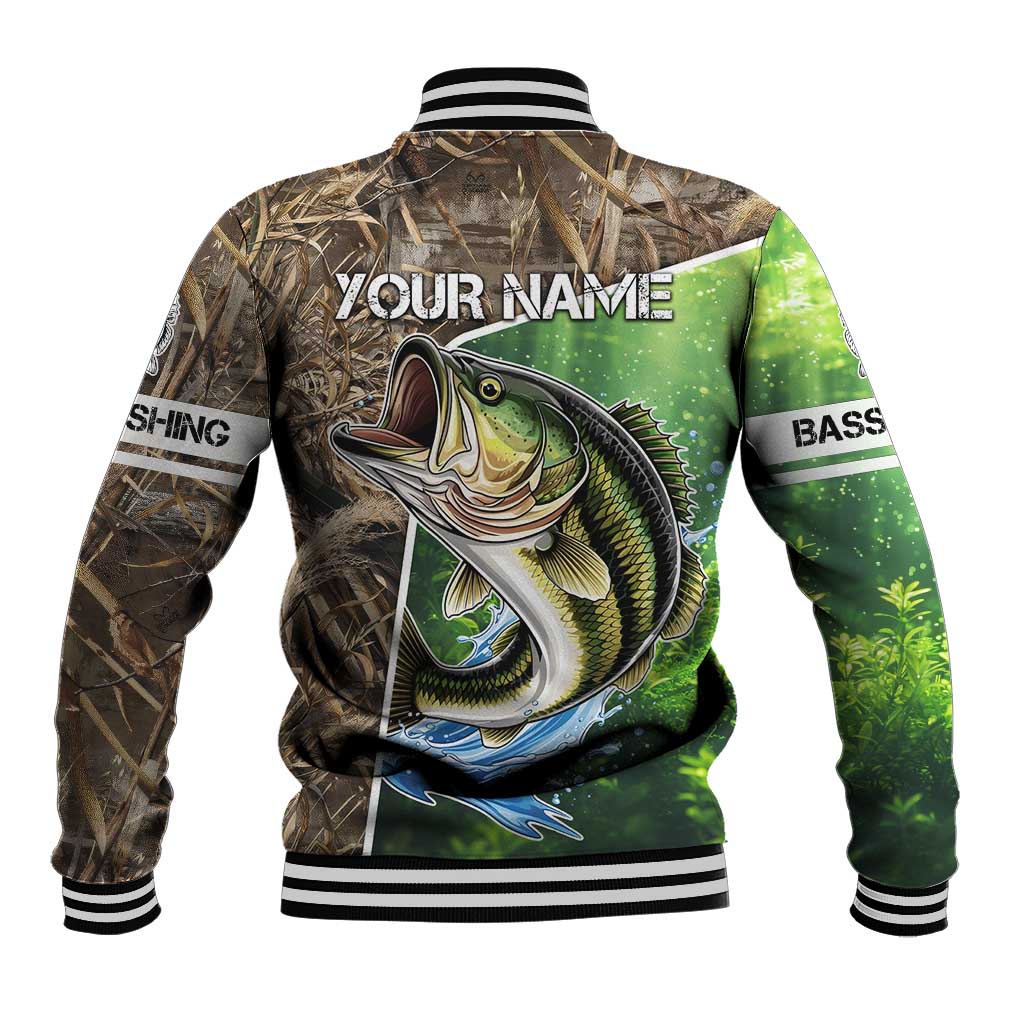 Personalized Bass Fishing Design Baseball Jacket Leaping Fish Graphic and Camouflage Green Water Splash Print - Wonder Print Shop