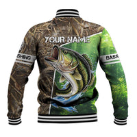 Personalized Bass Fishing Design Baseball Jacket Leaping Fish Graphic and Camouflage Green Water Splash Print - Wonder Print Shop