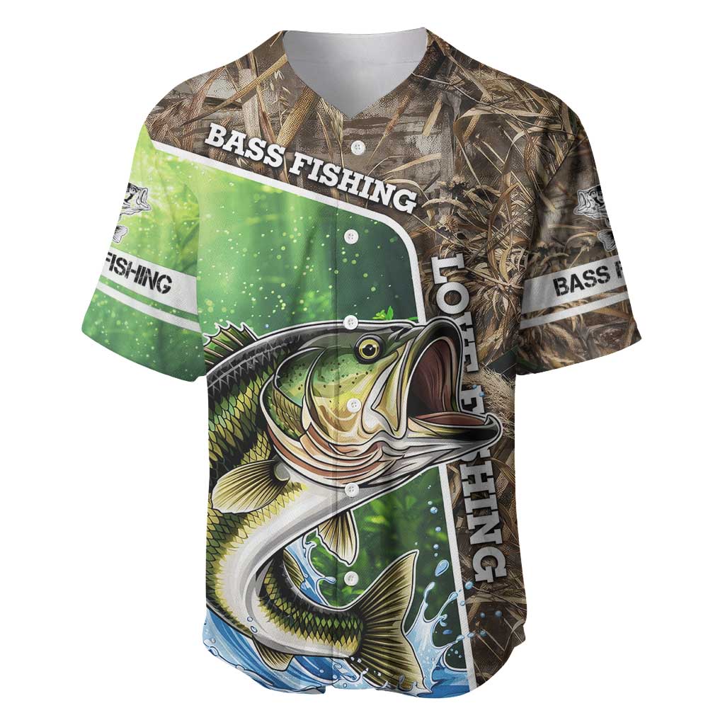Personalized Bass Fishing Design Baseball Jersey Leaping Fish Graphic and Camouflage Green Water Splash Print - Wonder Print Shop