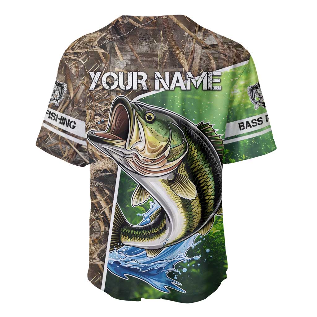 Personalized Bass Fishing Design Baseball Jersey Leaping Fish Graphic and Camouflage Green Water Splash Print - Wonder Print Shop