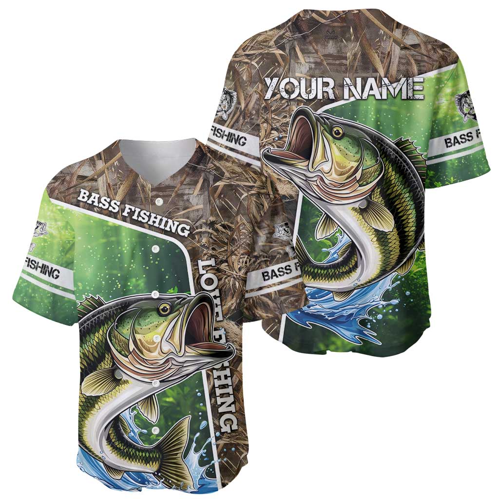 Personalized Bass Fishing Design Baseball Jersey Leaping Fish Graphic and Camouflage Green Water Splash Print - Wonder Print Shop