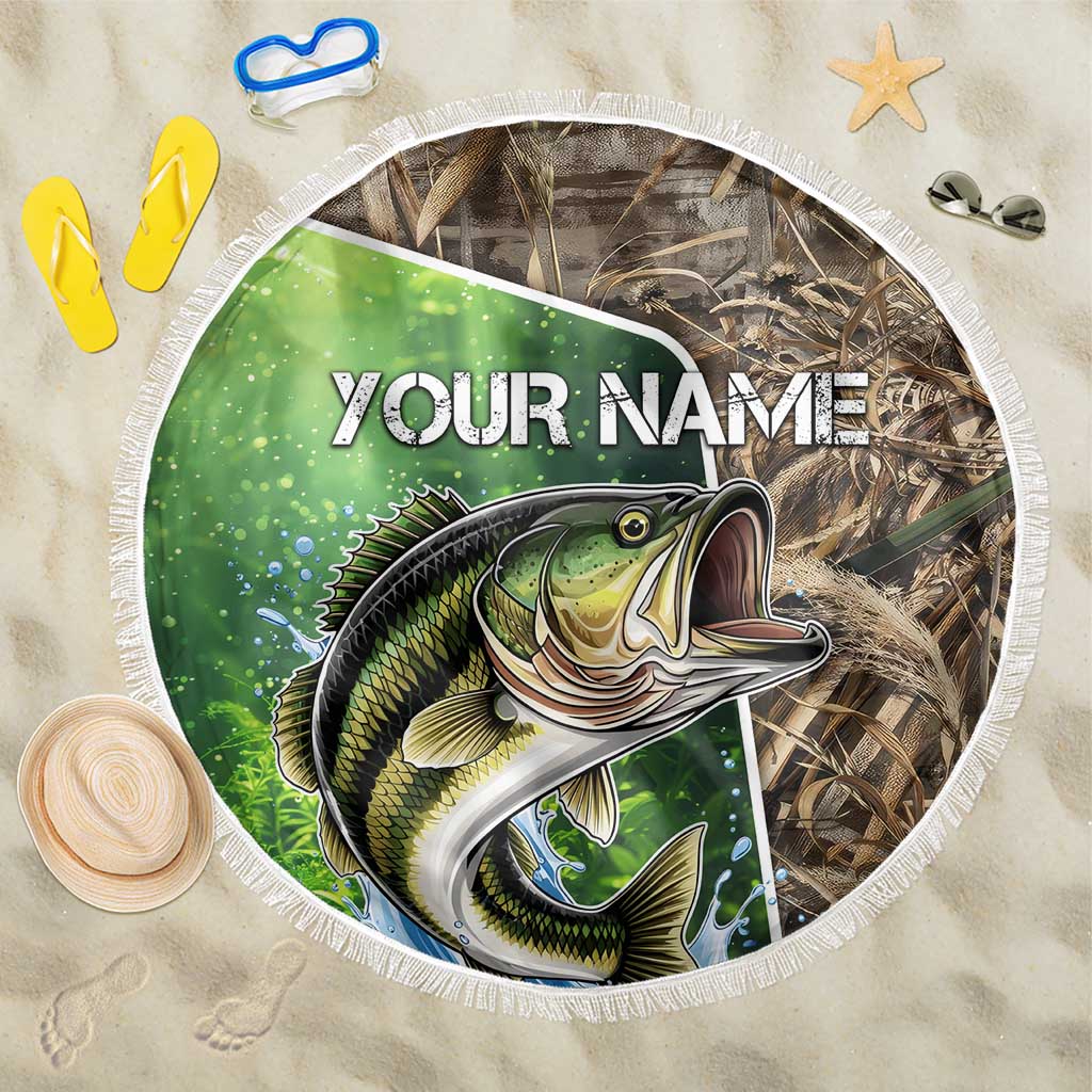 Personalized Bass Fishing Design Beach Blanket Leaping Fish Graphic and Camouflage Green Water Splash Print - Wonder Print Shop