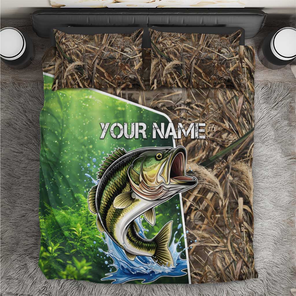 Personalized Bass Fishing Design Bedding Set Leaping Fish Graphic and Camouflage Green Water Splash Print - Wonder Print Shop
