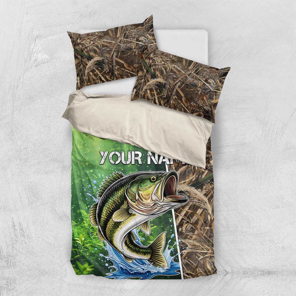 Personalized Bass Fishing Design Bedding Set Leaping Fish Graphic and Camouflage Green Water Splash Print - Wonder Print Shop
