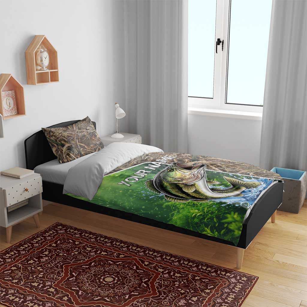 Personalized Bass Fishing Design Bedding Set Leaping Fish Graphic and Camouflage Green Water Splash Print - Wonder Print Shop