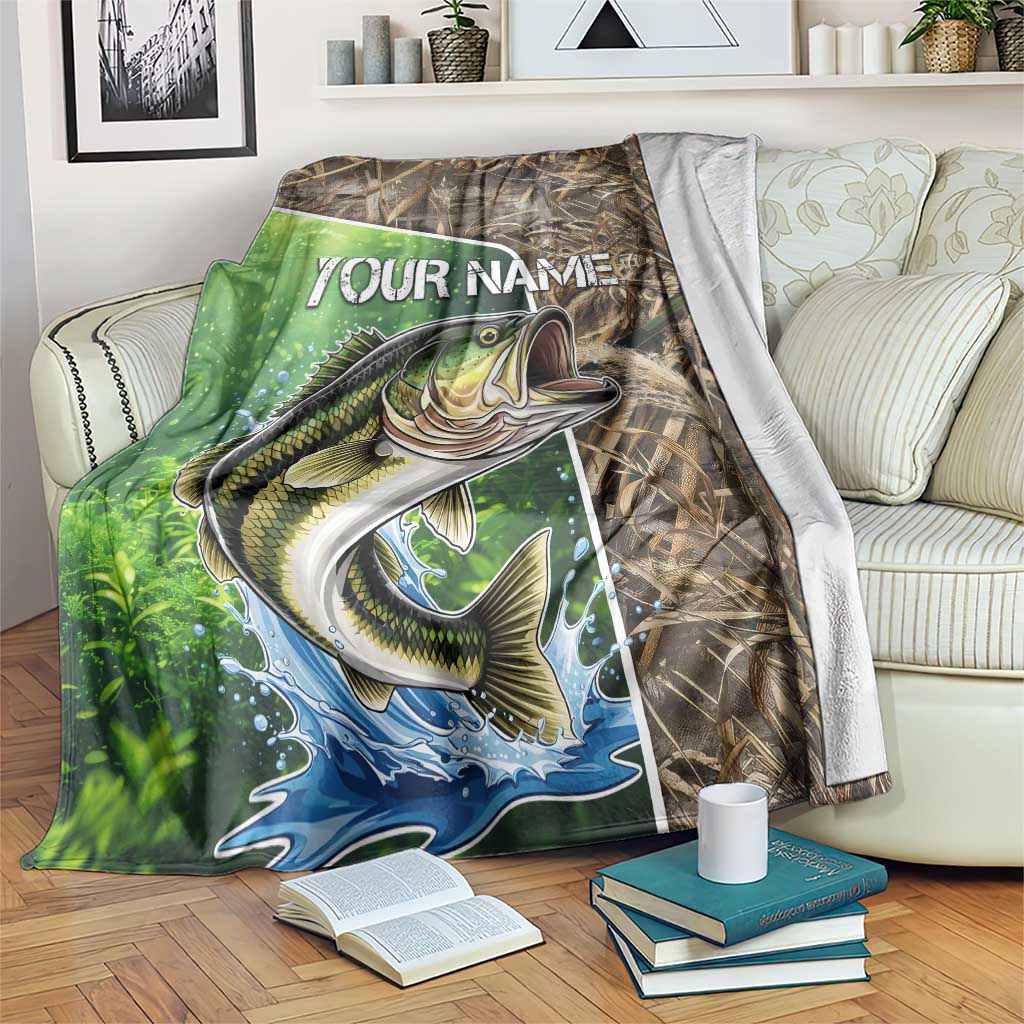 Personalized Bass Fishing Design Blanket Leaping Fish Graphic and Camouflage Green Water Splash Print - Wonder Print Shop