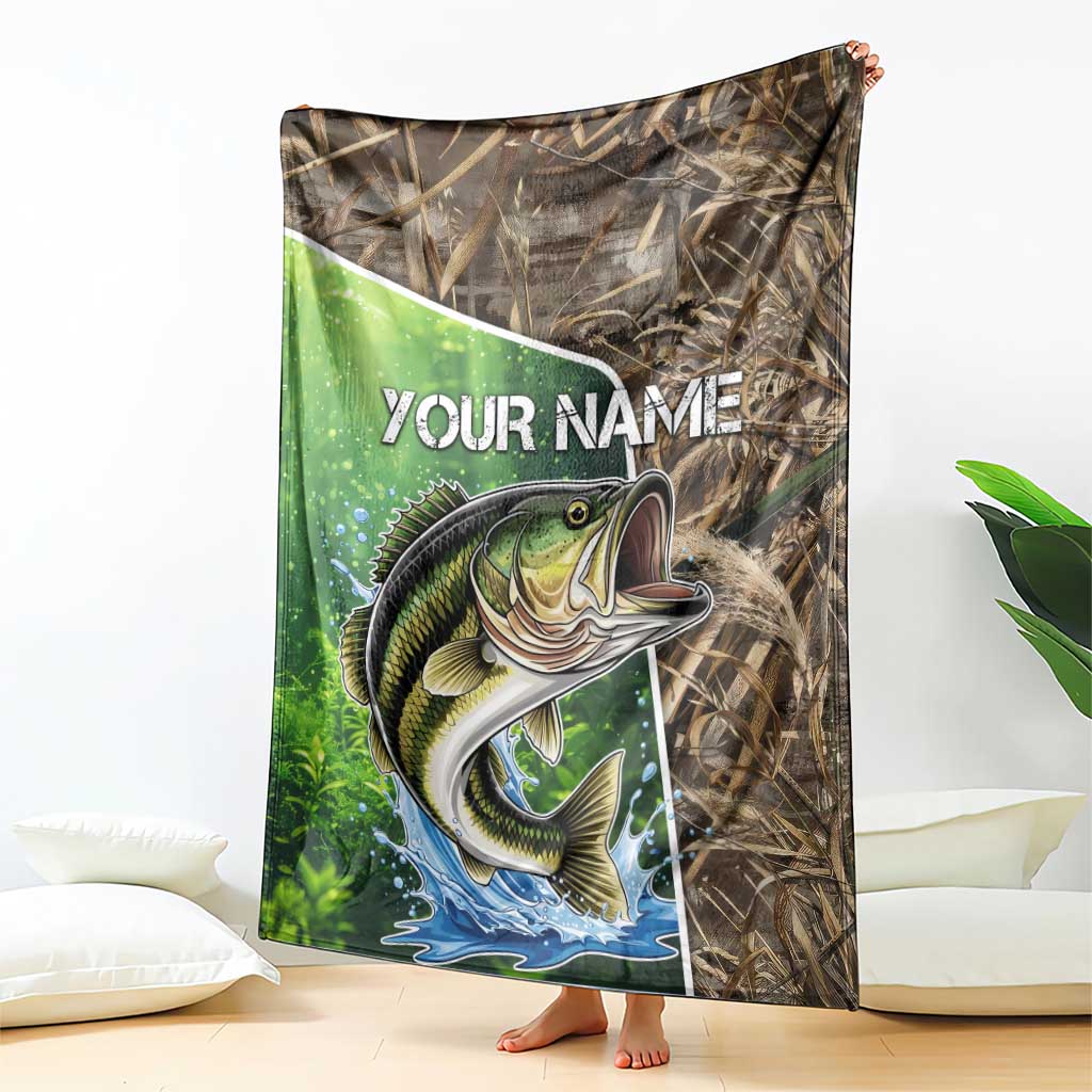 Personalized Bass Fishing Design Blanket Leaping Fish Graphic and Camouflage Green Water Splash Print - Wonder Print Shop