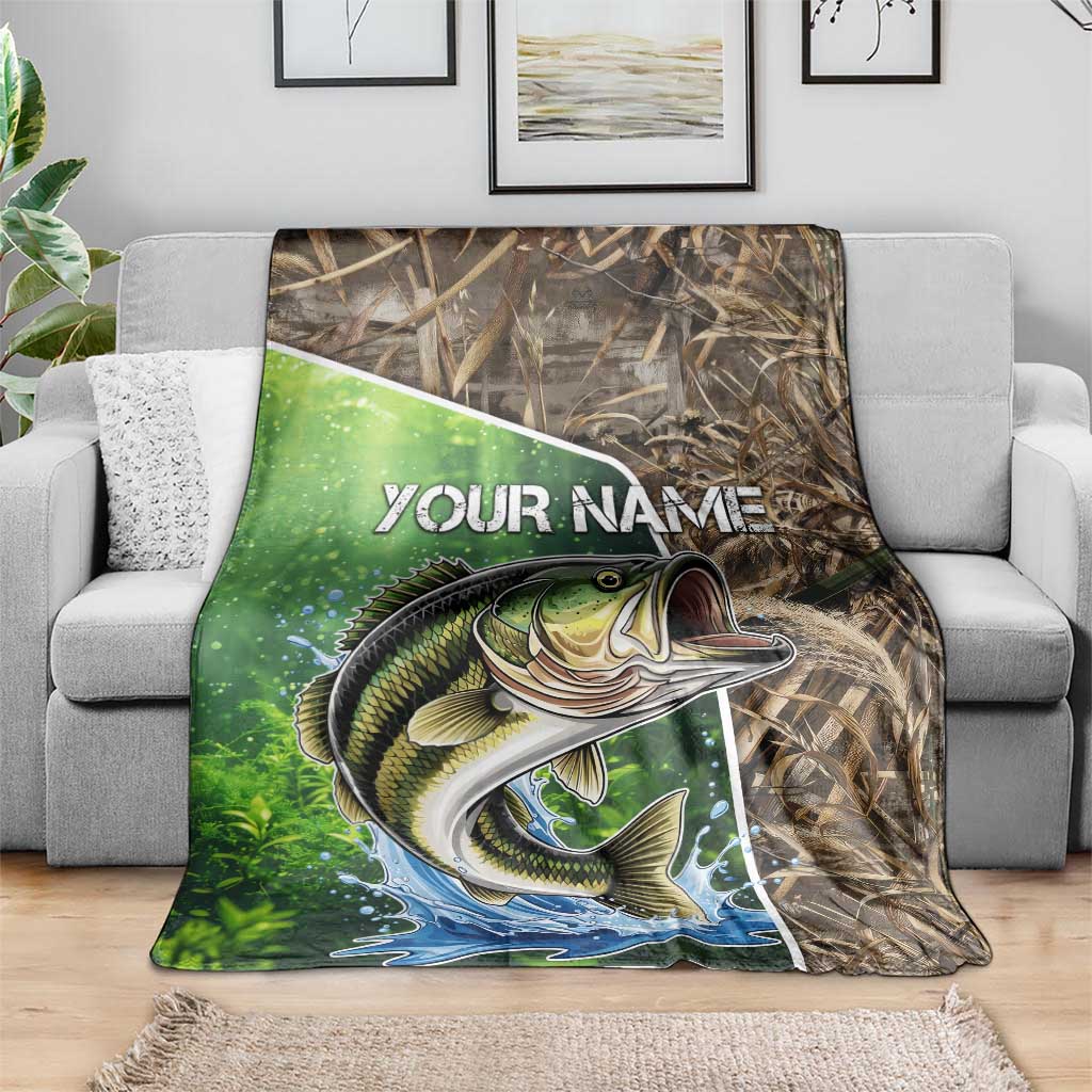 Personalized Bass Fishing Design Blanket Leaping Fish Graphic and Camouflage Green Water Splash Print - Wonder Print Shop