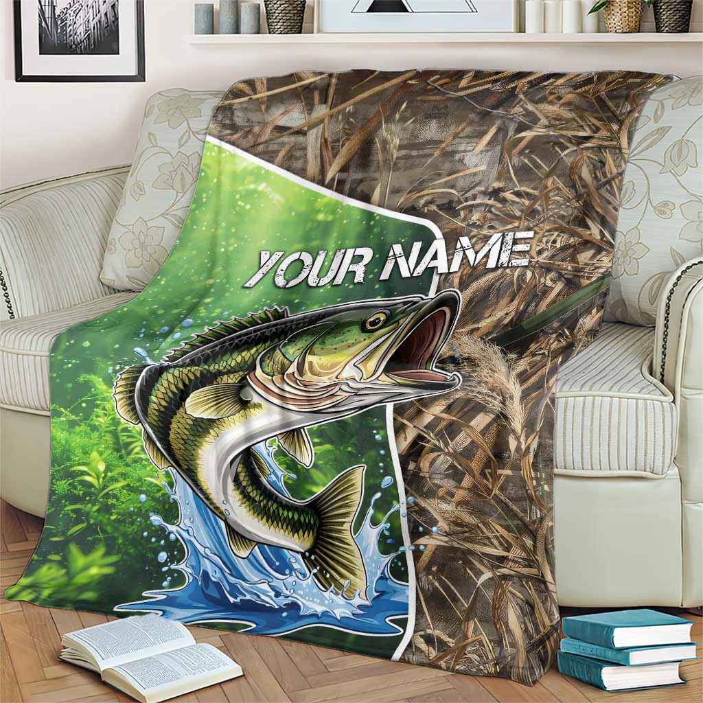 Personalized Bass Fishing Design Blanket Leaping Fish Graphic and Camouflage Green Water Splash Print - Wonder Print Shop