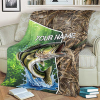 Personalized Bass Fishing Design Blanket Leaping Fish Graphic and Camouflage Green Water Splash Print - Wonder Print Shop