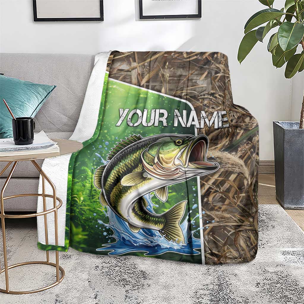 Personalized Bass Fishing Design Blanket Leaping Fish Graphic and Camouflage Green Water Splash Print - Wonder Print Shop