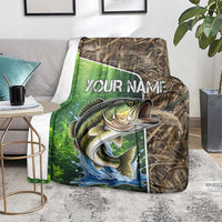 Personalized Bass Fishing Design Blanket Leaping Fish Graphic and Camouflage Green Water Splash Print - Wonder Print Shop