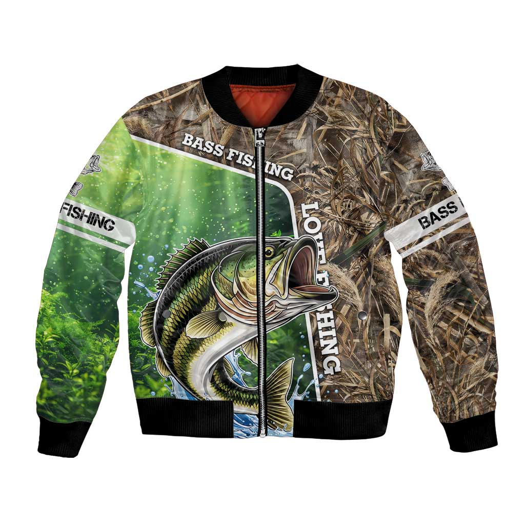 Personalized Bass Fishing Design Bomber Jacket Leaping Fish Graphic and Camouflage Green Water Splash Print - Wonder Print Shop
