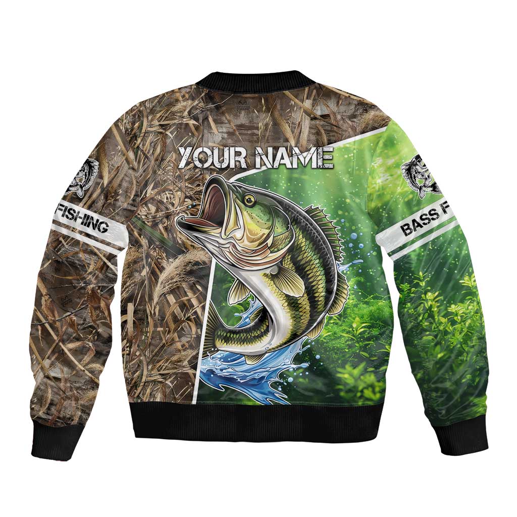 Personalized Bass Fishing Design Bomber Jacket Leaping Fish Graphic and Camouflage Green Water Splash Print - Wonder Print Shop