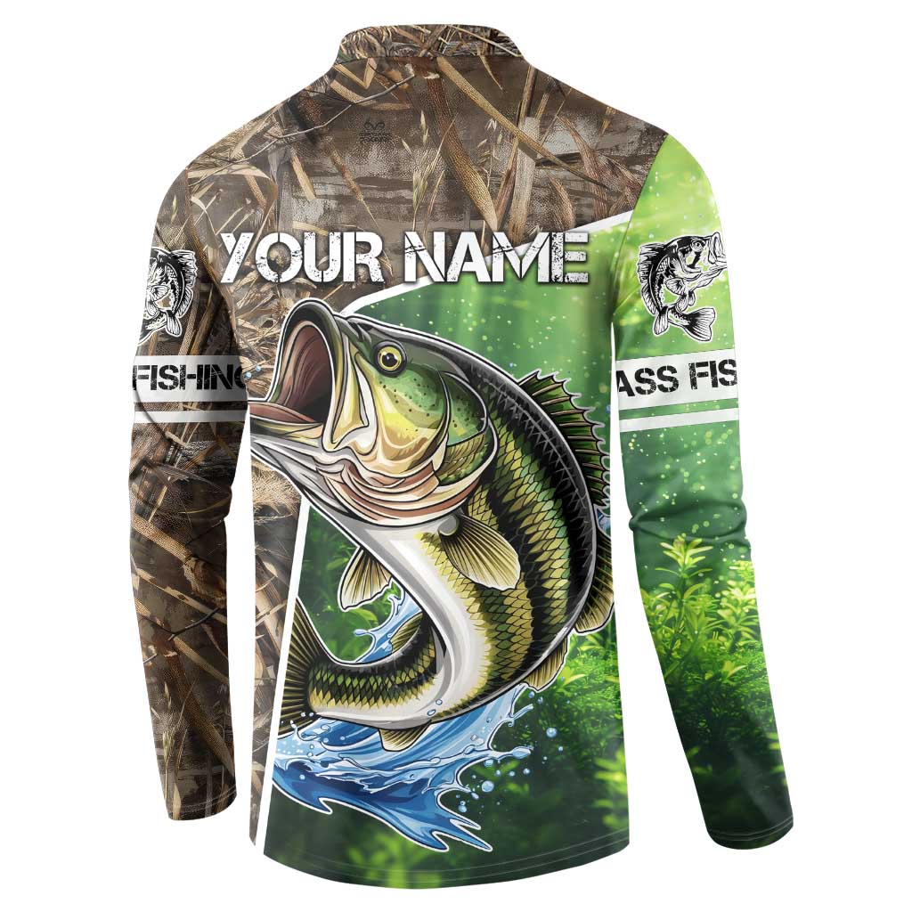 Personalized Bass Fishing Design Button Sweatshirt Leaping Fish Graphic and Camouflage Green Water Splash Print - Wonder Print Shop