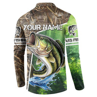Personalized Bass Fishing Design Button Sweatshirt Leaping Fish Graphic and Camouflage Green Water Splash Print - Wonder Print Shop