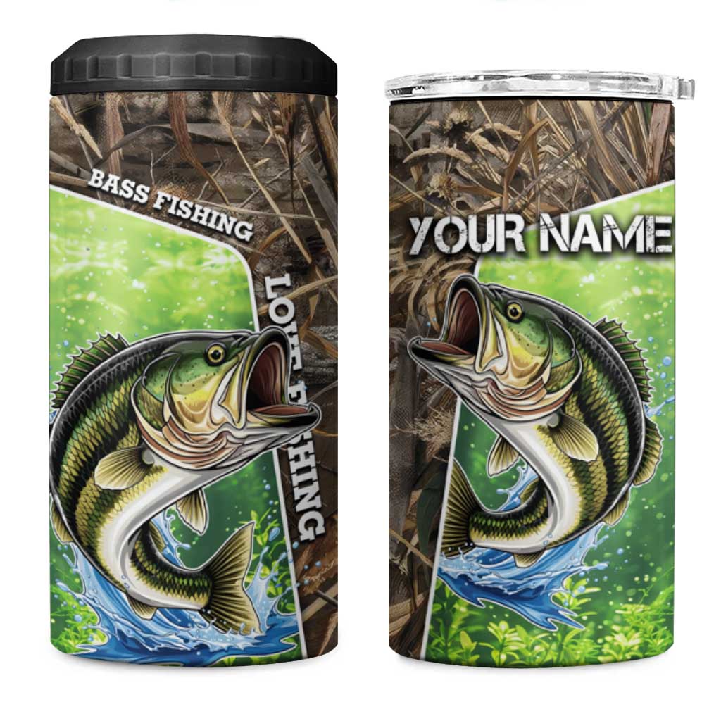 Personalized Bass Fishing Design 4 in 1 Can Cooler Tumbler Leaping Fish Graphic and Camouflage Green Water Splash Print - Wonder Print Shop