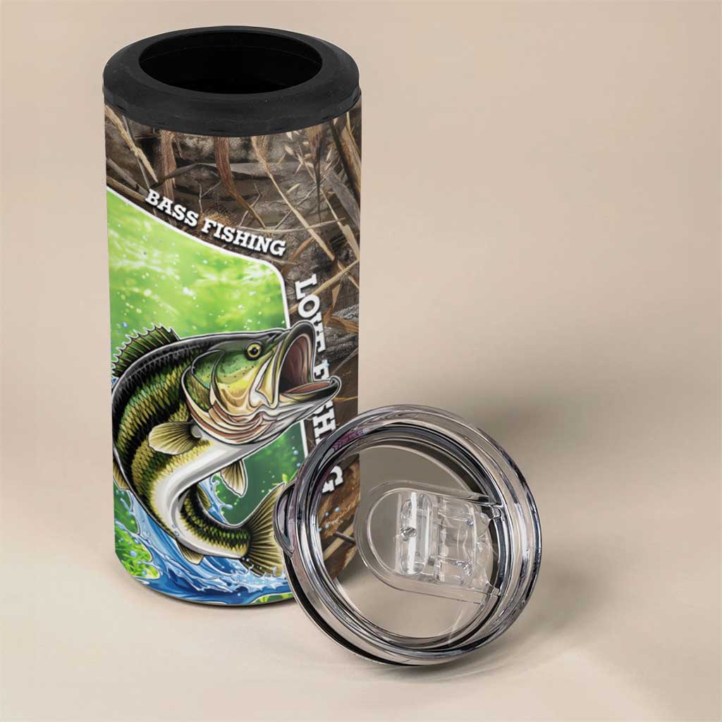 Personalized Bass Fishing Design 4 in 1 Can Cooler Tumbler Leaping Fish Graphic and Camouflage Green Water Splash Print - Wonder Print Shop