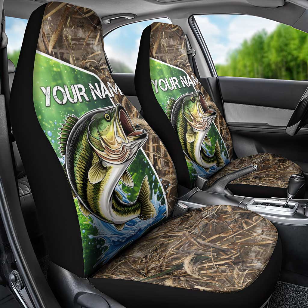 Personalized Bass Fishing Design Car Seat Cover Leaping Fish Graphic and Camouflage Green Water Splash Print - Wonder Print Shop