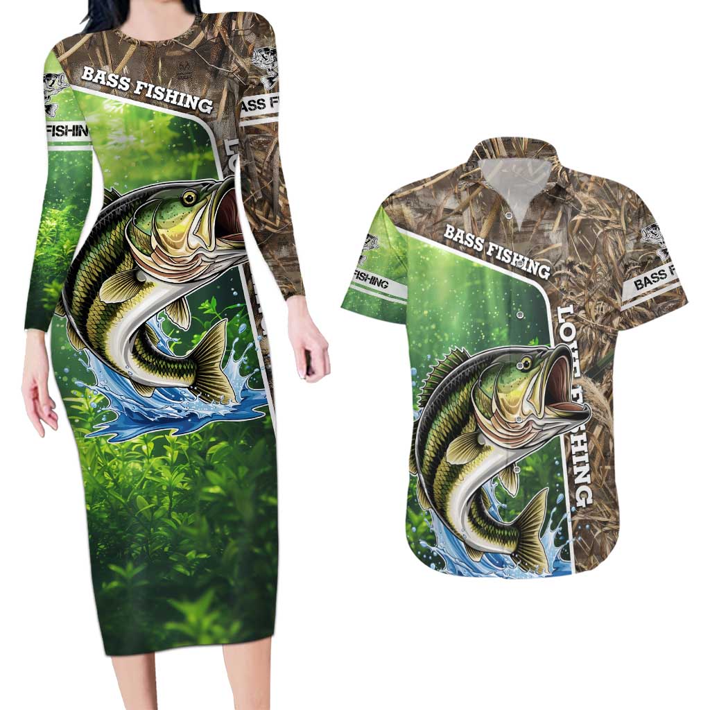 Personalized Bass Fishing Design Couples Matching Long Sleeve Bodycon Dress and Hawaiian Shirt Leaping Fish Graphic and Camouflage Green Water Splash Print - Wonder Print Shop