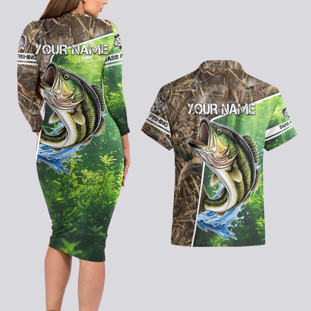 Personalized Bass Fishing Design Couples Matching Long Sleeve Bodycon Dress and Hawaiian Shirt Leaping Fish Graphic and Camouflage Green Water Splash Print - Wonder Print Shop