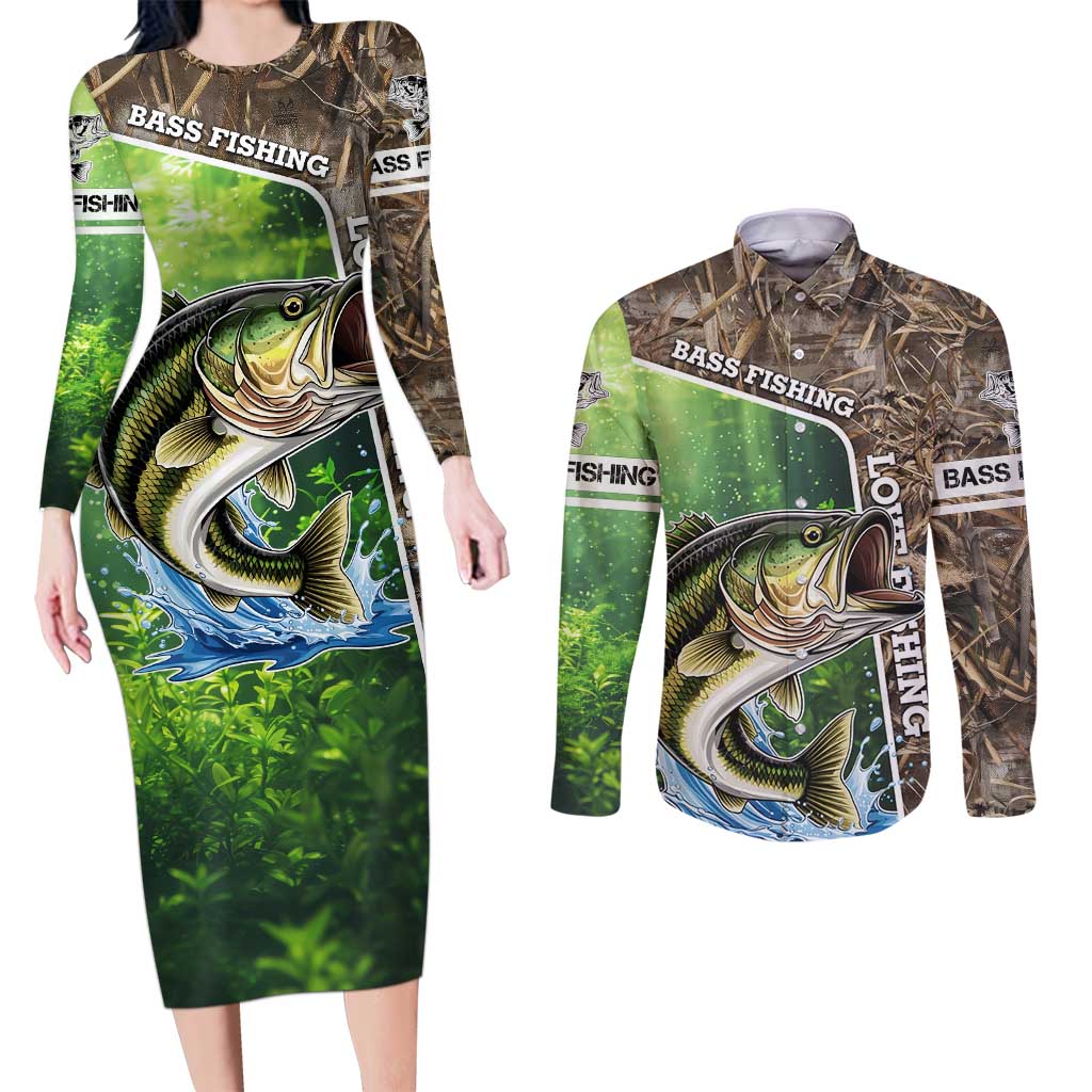 Personalized Bass Fishing Design Couples Matching Long Sleeve Bodycon Dress and Long Sleeve Button Shirt Leaping Fish Graphic and Camouflage Green Water Splash Print - Wonder Print Shop