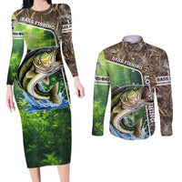 Personalized Bass Fishing Design Couples Matching Long Sleeve Bodycon Dress and Long Sleeve Button Shirt Leaping Fish Graphic and Camouflage Green Water Splash Print - Wonder Print Shop