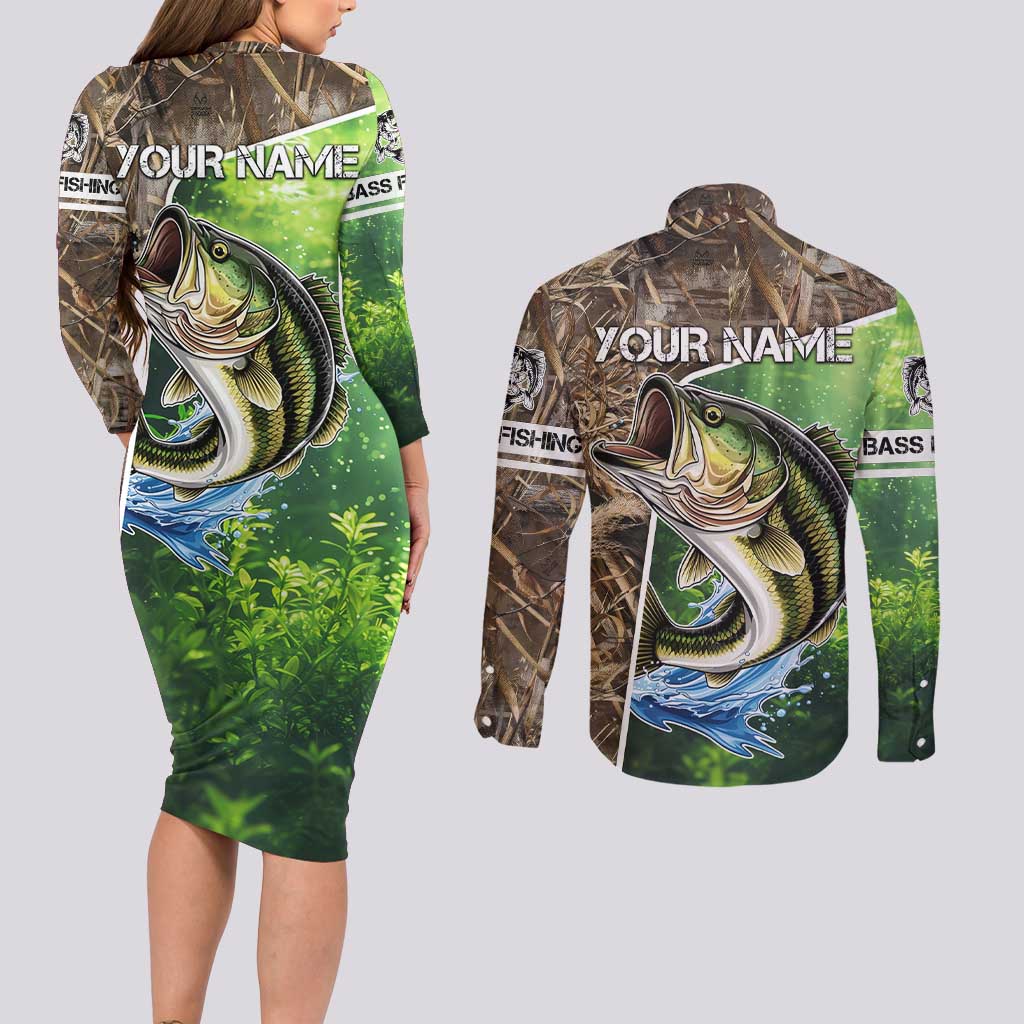 Personalized Bass Fishing Design Couples Matching Long Sleeve Bodycon Dress and Long Sleeve Button Shirt Leaping Fish Graphic and Camouflage Green Water Splash Print - Wonder Print Shop