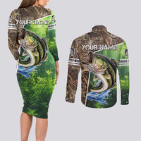 Personalized Bass Fishing Design Couples Matching Long Sleeve Bodycon Dress and Long Sleeve Button Shirt Leaping Fish Graphic and Camouflage Green Water Splash Print - Wonder Print Shop