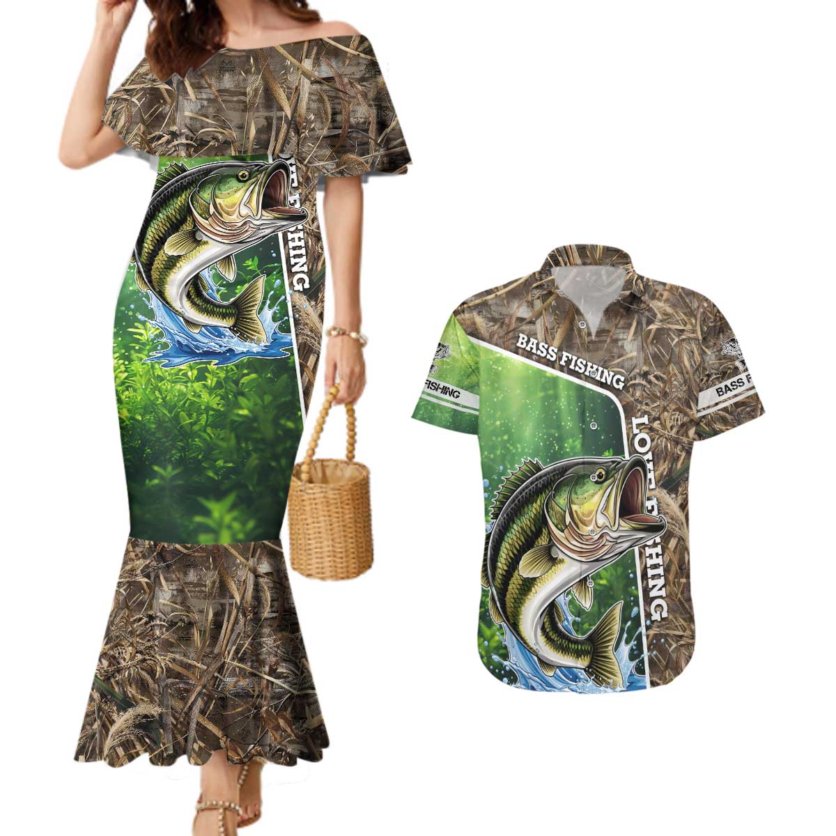 Personalized Bass Fishing Design Couples Matching Mermaid Dress and Hawaiian Shirt Leaping Fish Graphic and Camouflage Green Water Splash Print - Wonder Print Shop