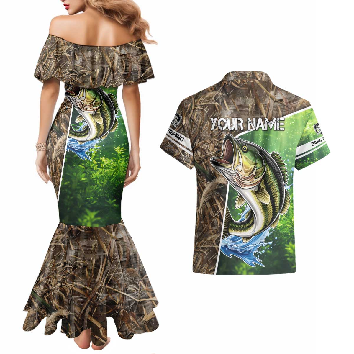 Personalized Bass Fishing Design Couples Matching Mermaid Dress and Hawaiian Shirt Leaping Fish Graphic and Camouflage Green Water Splash Print - Wonder Print Shop