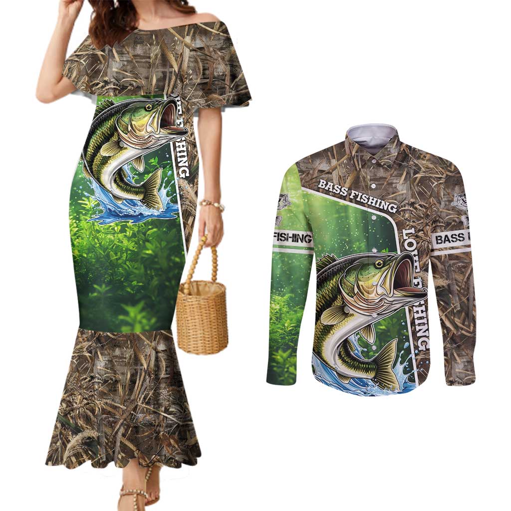 Personalized Bass Fishing Design Couples Matching Mermaid Dress and Long Sleeve Button Shirt Leaping Fish Graphic and Camouflage Green Water Splash Print - Wonder Print Shop