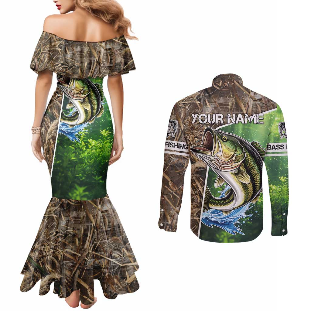Personalized Bass Fishing Design Couples Matching Mermaid Dress and Long Sleeve Button Shirt Leaping Fish Graphic and Camouflage Green Water Splash Print - Wonder Print Shop