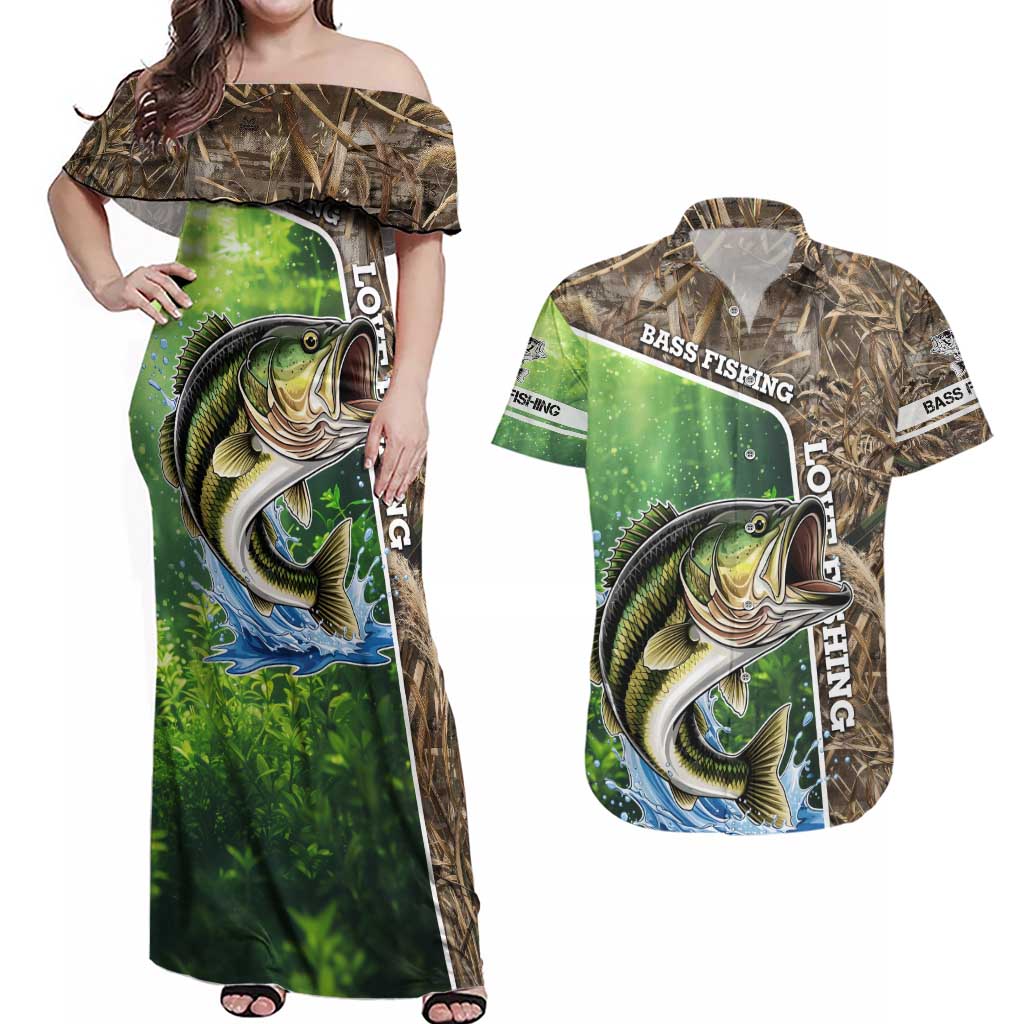 Personalized Bass Fishing Design Couples Matching Off Shoulder Maxi Dress and Hawaiian Shirt Leaping Fish Graphic and Camouflage Green Water Splash Print - Wonder Print Shop